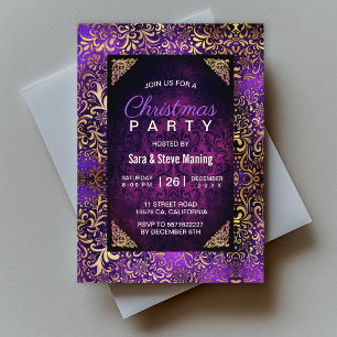 Invitación Elegante damasco floral púrpura falso oro Navidad 