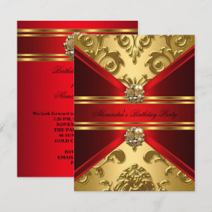 Invitación Elegante Damasco Floral Rojo Dorado Cumpleaños Reg