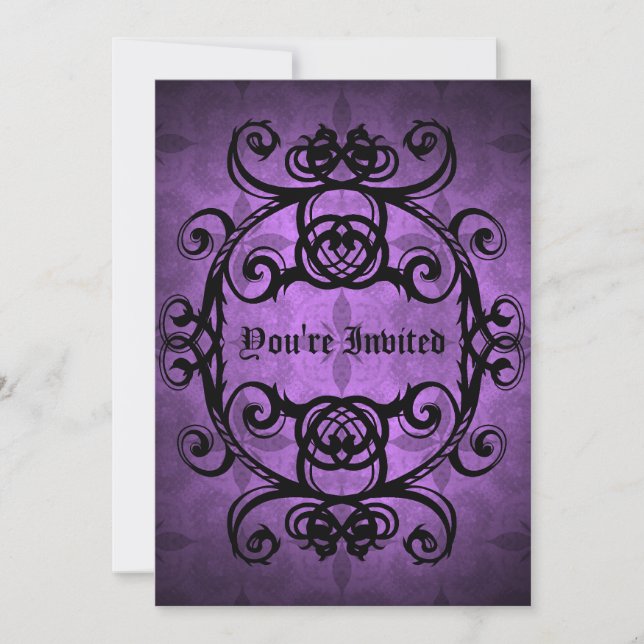 Invitación Elegante damasco gótico morado y fiesta negro (Anverso)