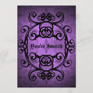 Invitación Elegante damasco gótico morado y fiesta negro