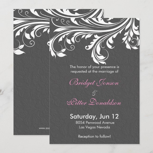 Invitación Elegante Damasco Gris Y Boda De Swirls Blancos (Anverso / Reverso)