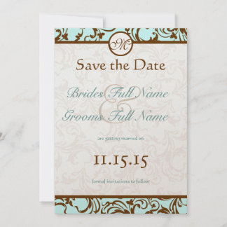 Invitación Elegante Damasco marrón vintage en azul Aqua Light
