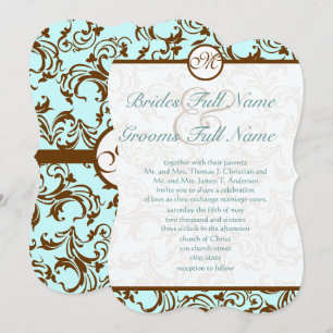 Invitación Elegante Damasco marrón vintage en azul Aqua Light