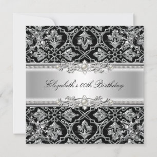 Invitación Elegante Damasco Negro Floral Cumpleaños Fiesta