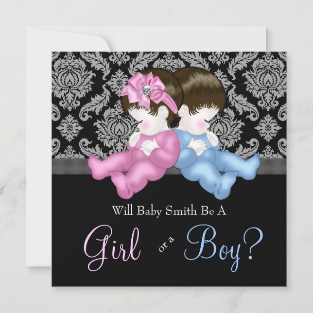 Invitación Elegante Damasco Negro Género Revelador Ducha (Anverso)