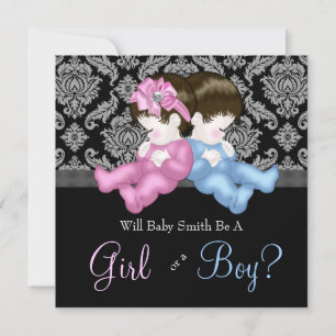 Invitación Elegante Damasco Negro Género Revelador Ducha