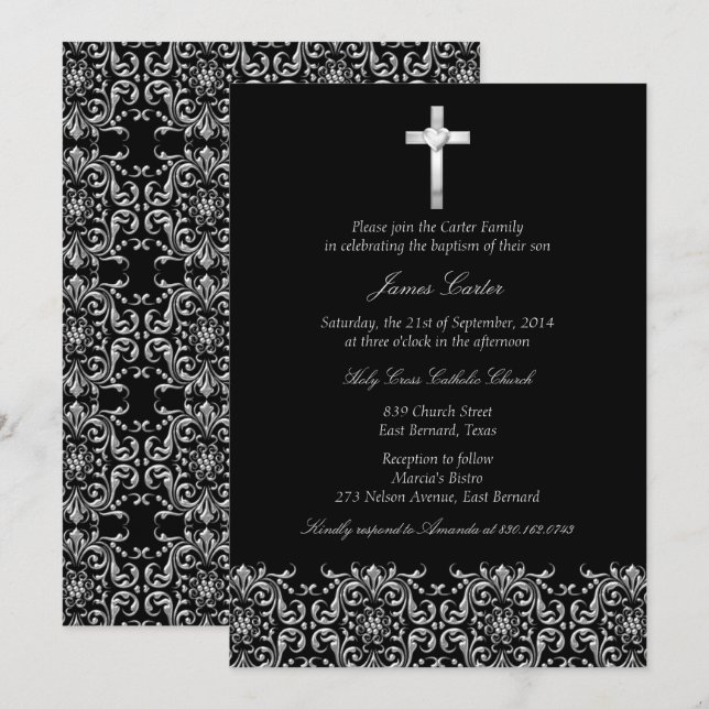 Invitación Elegante Damasco Negro y Baptismo Cruzado/Cristali (Anverso / Reverso)