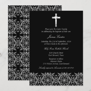 Invitación Elegante Damasco Negro y Baptismo Cruzado/Cristali