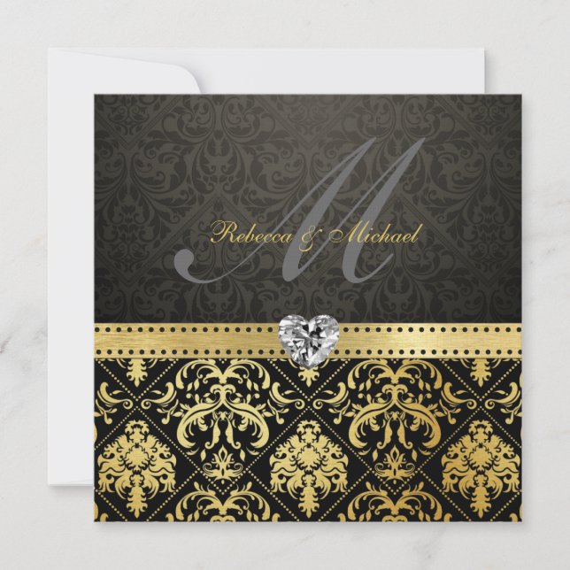 Invitación Elegante Damasco negro y dorado con monograma (Anverso)