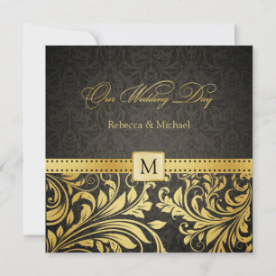 Invitación Elegante Damasco negro y dorado con monograma