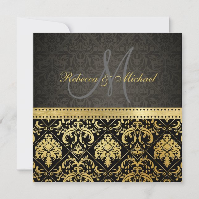 Invitación Elegante Damasco negro y dorado con monograma (Anverso)