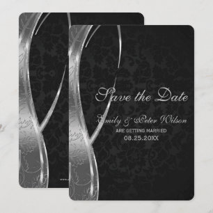 Invitación Elegante Damasco Negro Y Plata-Ahorra La Fecha