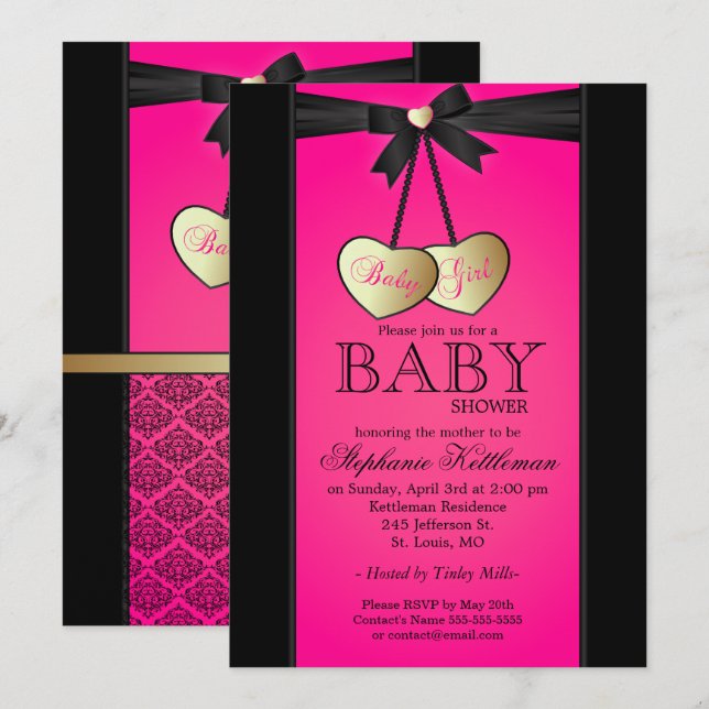 Invitación Elegante Damasco negro y rosa| Baby Shower (Anverso / Reverso)