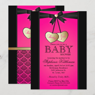 Invitación Elegante Damasco negro y rosa  Baby Shower