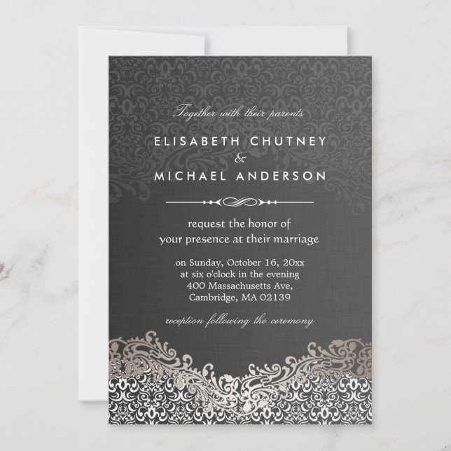 Invitación Elegante Damasco plateado - Boda formal clásico (Anverso)
