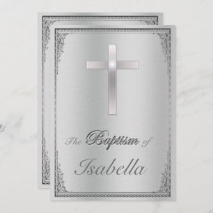 Invitación Elegante damasco plateado y baptismo cruzado de pl