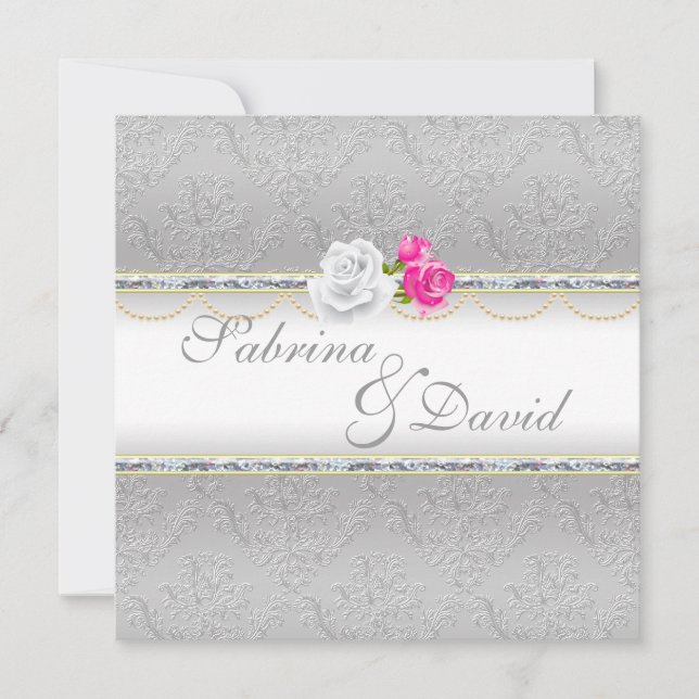Invitación Elegante Damasco plateado y Boda rosa rosa (Anverso)