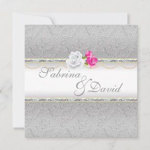 Invitación Elegante Damasco plateado y Boda rosa rosa