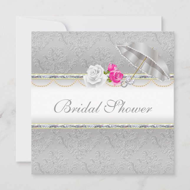 Invitación Elegante Damasco plateado y ducha de novia rosa ro (Anverso)