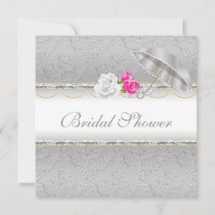 Invitación Elegante Damasco plateado y ducha de novia rosa ro