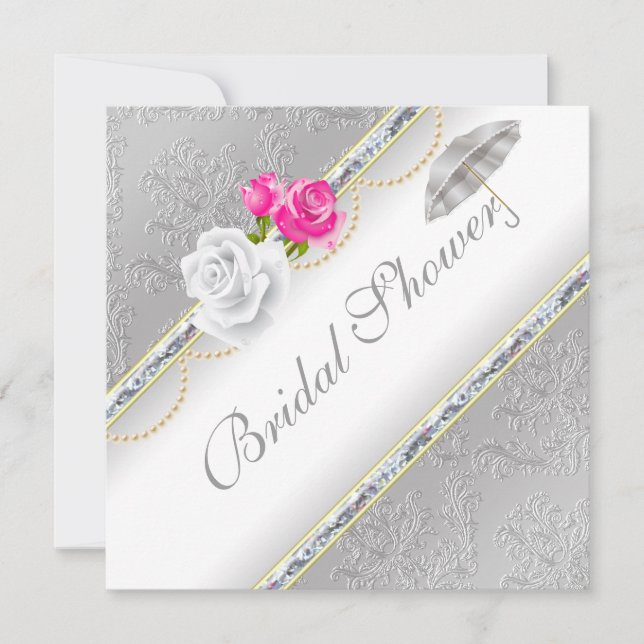 Invitación Elegante Damasco plateado y ducha de novia rosa ro (Anverso)