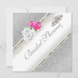 Invitación Elegante Damasco plateado y ducha de novia rosa ro