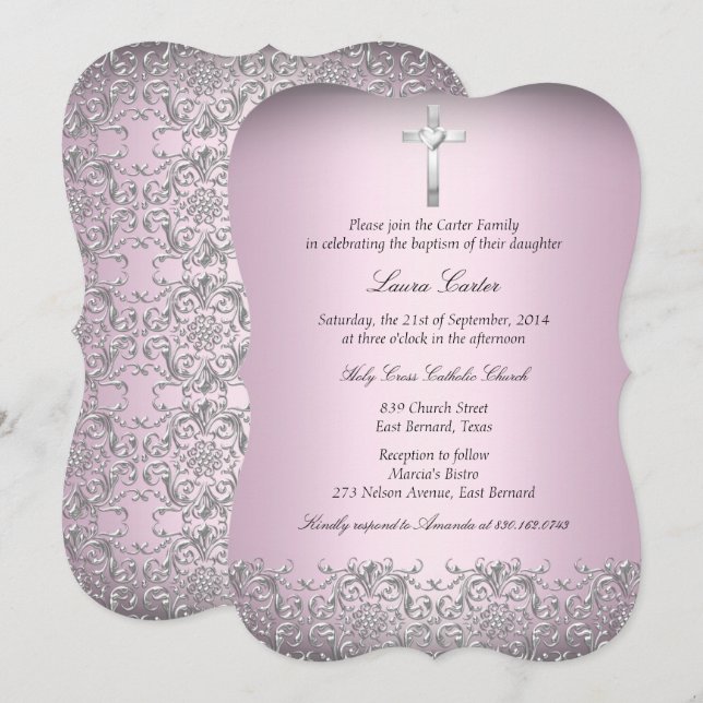 Invitación Elegante Damasco y Bautismo Cruzado Rosado/Christe (Anverso / Reverso)