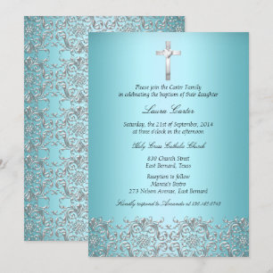 Invitación Elegante Damasco y Cruz Verde Bautizo