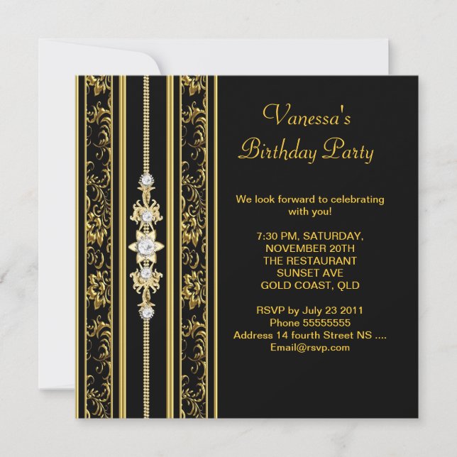 Invitación Elegante Damask Birthday Party Gold Black (Anverso)