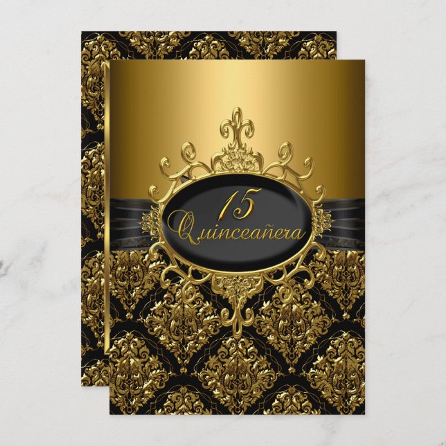 Invitación Elegante Damask Black Gold Quinceanera Invite (Anverso / Reverso)