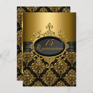 Invitación Elegante Damask Black Gold Quinceanera Invite