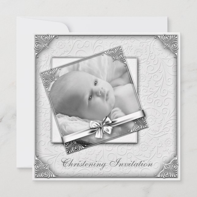 Invitación Elegante Damask Blanco Foto Bautizo (Anverso)