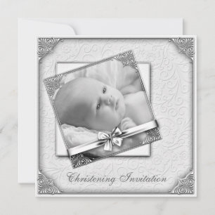 Invitación Elegante Damask Blanco Foto Bautizo