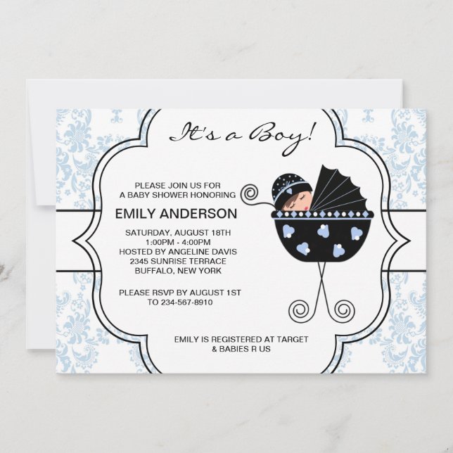 Invitación Elegante Damask Blue Black Baby Shower (Anverso)