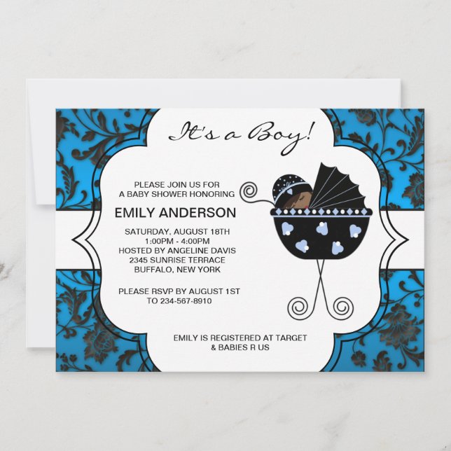 Invitación Elegante Damask Blue Black Baby Shower (Anverso)