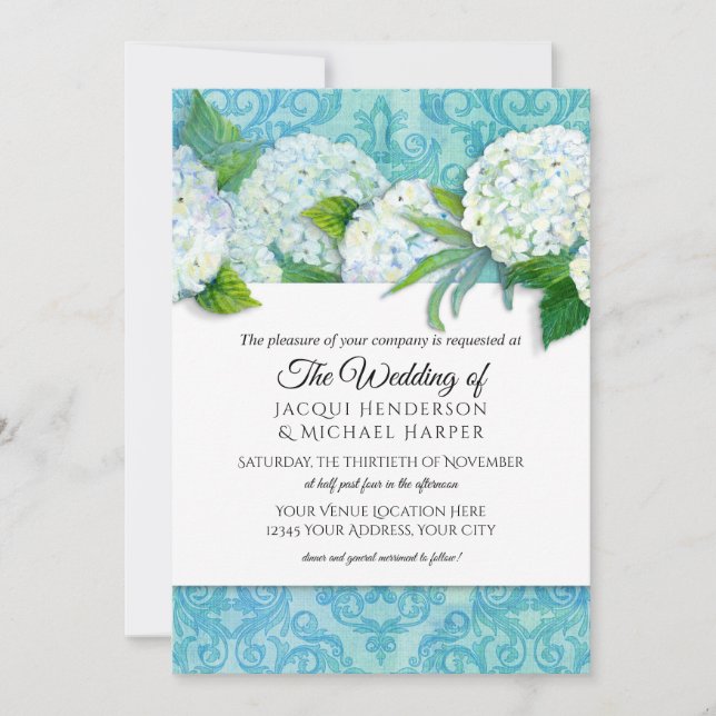 Invitación Elegante Damask Blue Hydrangea Boda Floral (Anverso)
