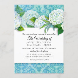 Invitación Elegante Damask Blue Hydrangea Boda Floral