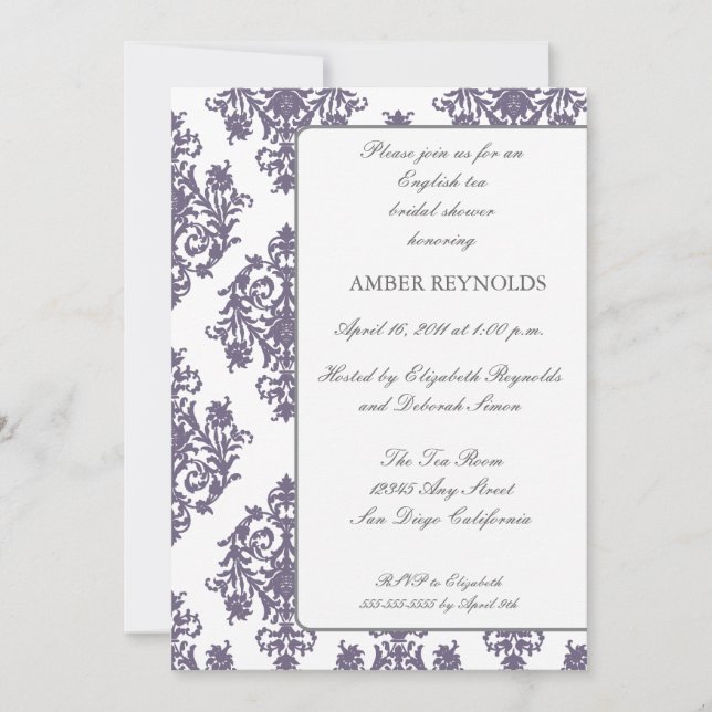 Invitación Elegante Damask Bridal Shower Invitación-eggplant (Anverso)