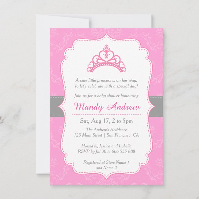 Invitación Elegante Damask, Corona de Princesa, Shower de Niñ (Anverso)