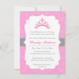Invitación Elegante Damask, Corona de Princesa, Shower de Niñ