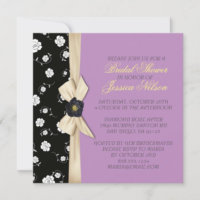 Invitación Elegante Damask Creamy Ribbon Bridal Ducha Morada (Anverso)