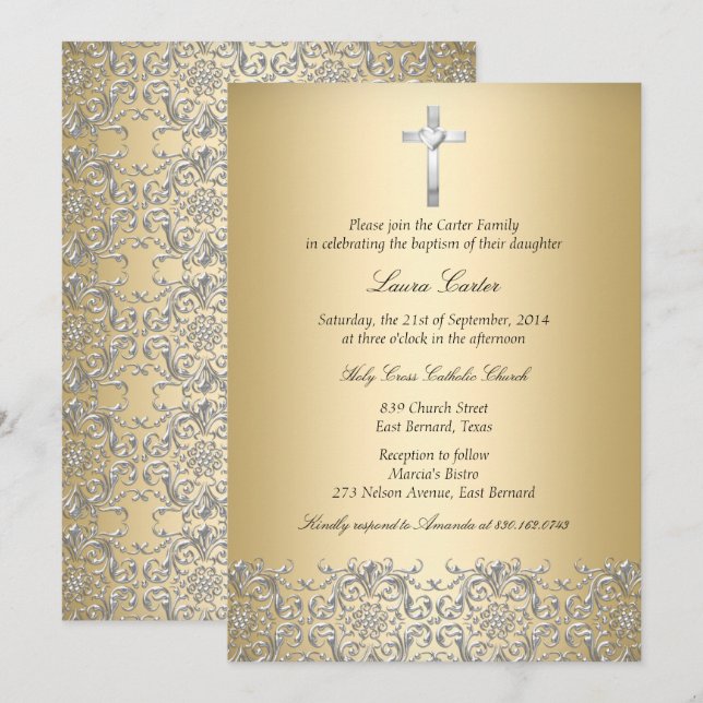 Invitación Elegante Damask Cross Gold Baptism/Christening (Anverso / Reverso)