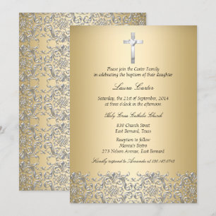 Invitación Elegante Damask Cross Gold Baptism/Christening