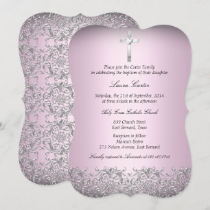 Invitación Elegante Damask & Cruz Rosa Bautizo 2
