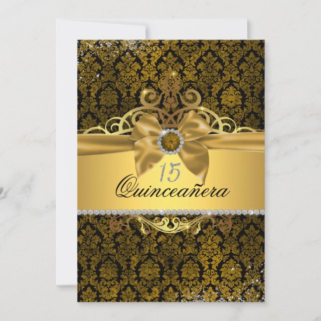 Invitación Elegante Damask Gold Quinceanera Invite (Anverso)