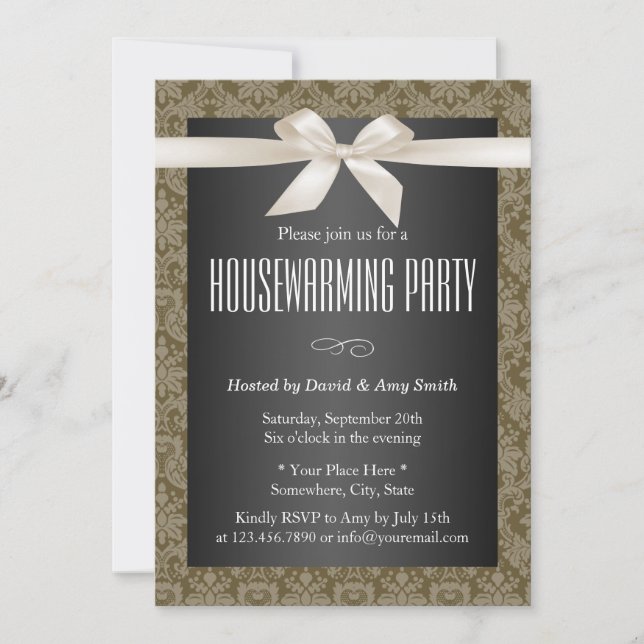 Invitación Elegante Damask Ivory Ribbon Fiesta Calentador de  (Anverso)