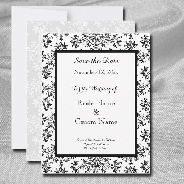 Invitación Elegante Damask Negro Blanco Fecha de Guarda Perso (Subido por el creador)