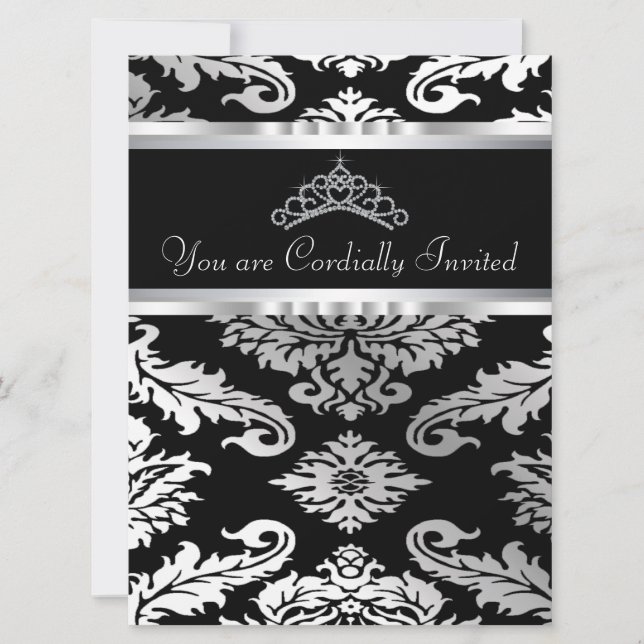 Invitación Elegante Damask negro Quinceanera (Anverso)