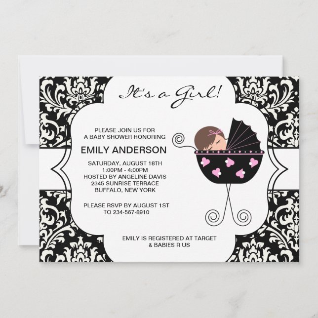 Invitación Elegante Damask Pink Black Baby Shower (Anverso)