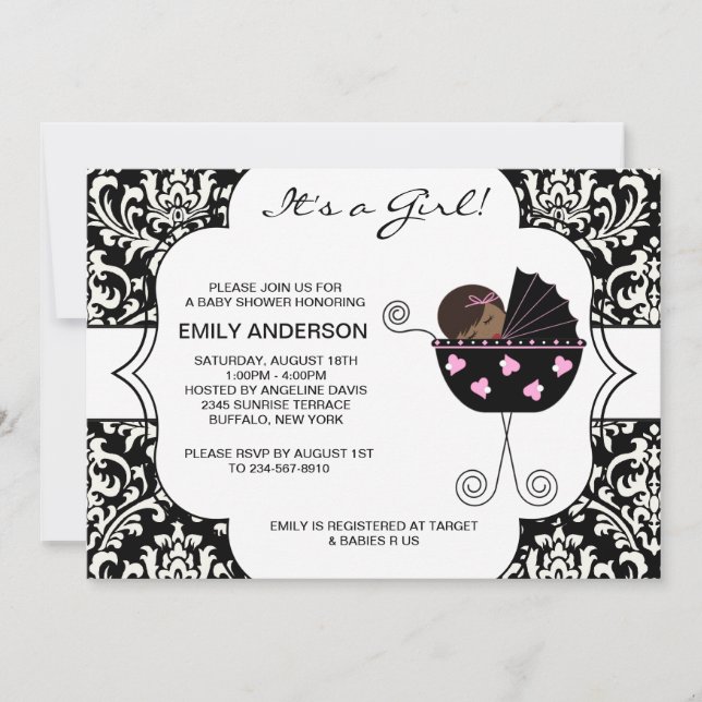 Invitación Elegante Damask Pink Black Baby Shower (Anverso)